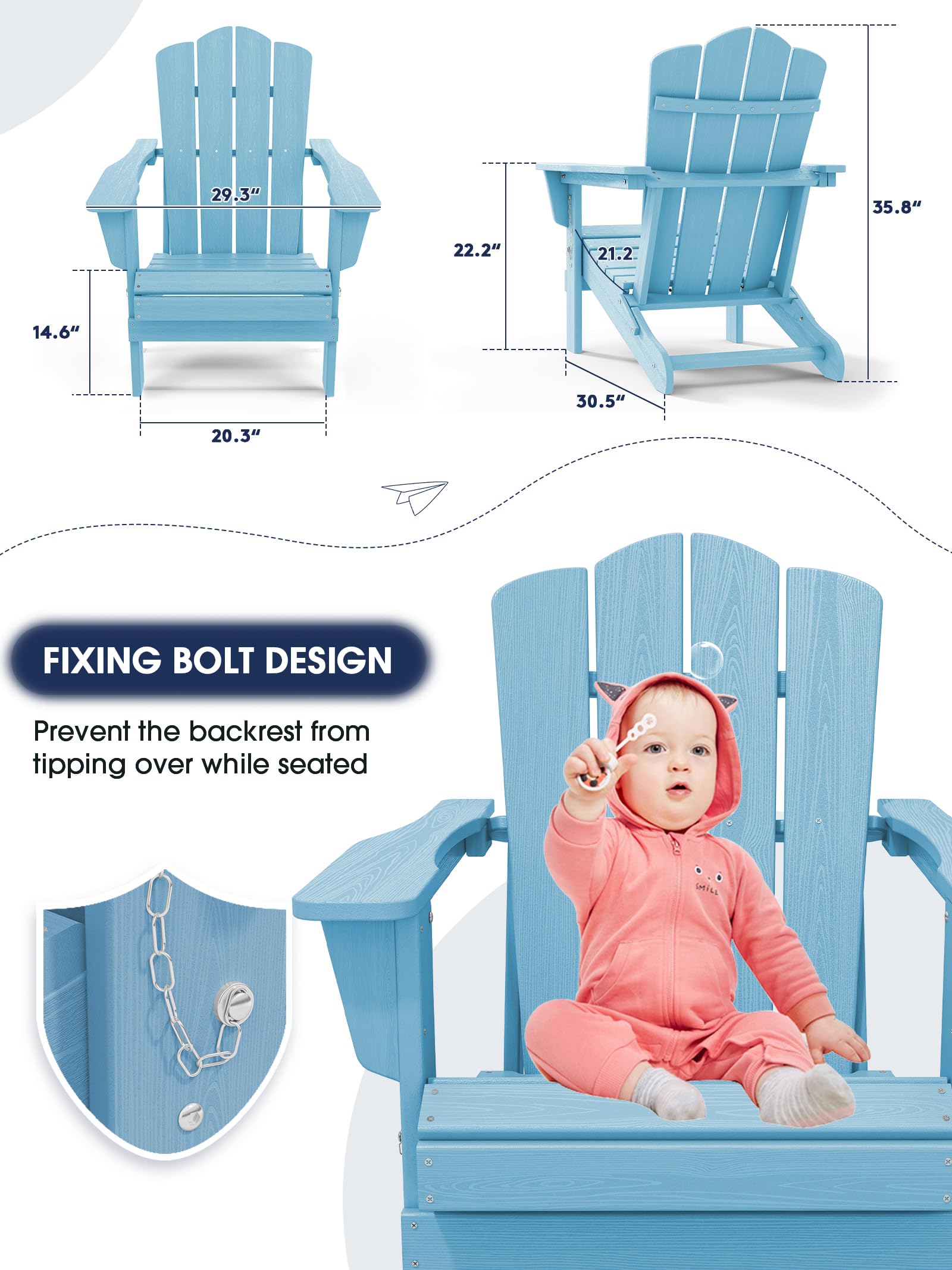 Kingyes Folding Adirondack Chair Set Of 4, Hdpe All-Weather Folding Adirondack Chair, Light Blue
